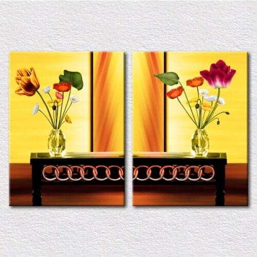 Canvas Print 2pcs set art gift handmade painting picture flowers in glass vases on a Antique desk with a yellow tone background