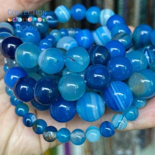 Natural Blue Stripe Agates Stone Spacer Loose Round Beads For Jewelry Making 4-12 mm Diy Bracelets Accessories 15"