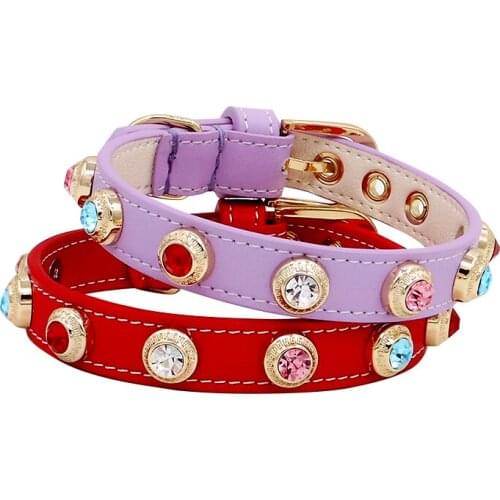 Customized Diamond Pet Collar Bling Czech Rhinestone Small Dog Cat Puppy Necklace Crystal Genuiner Leather