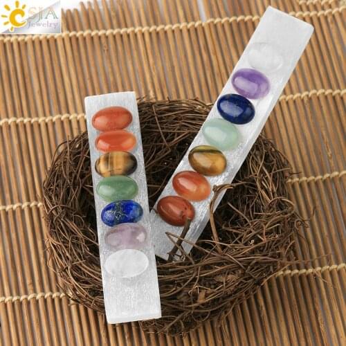 CSJA Selenite Stick 7 Chakras Quartz Beads Natural Ornament Gift for Healing Energy Charging Reiki Crystal Meditation G791