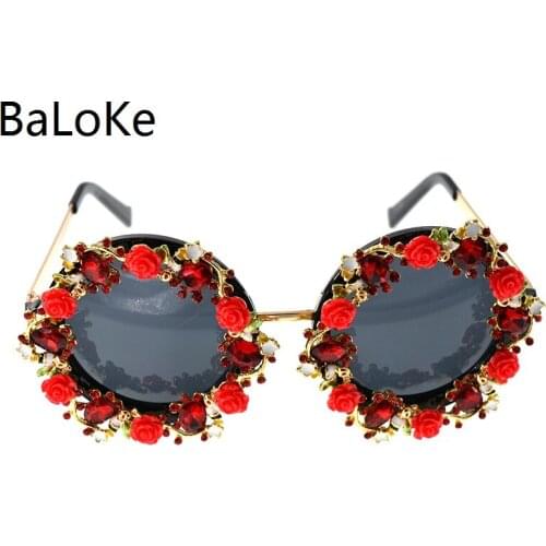 Baroque Women Girls red flower Round Sunglasses Retro Decor Floral Flowers Sunglasses Women Birthday Gift