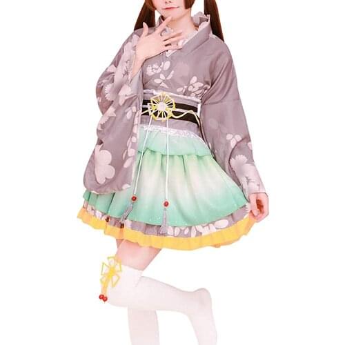 Japanese Kimono Costumes Floral Print Skirt Lolita Outfit Yukata Halloween Women Adult Short Mini Dress With Obi Belt