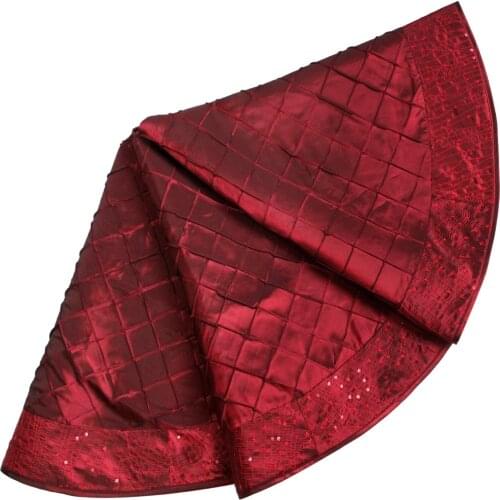 Free Shipping 50"/36" Handcraft Pintuck Faux Silk with Sparkle Glitter Border Christmas Tree Skirt in Burgundy Color P4501