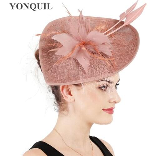 Nice Imitation Sinamay Derby Big Ladies Fascinator Hat Fancy Feather Flower Fedora Hair Pin Wedding Women Church Headpiece Veils