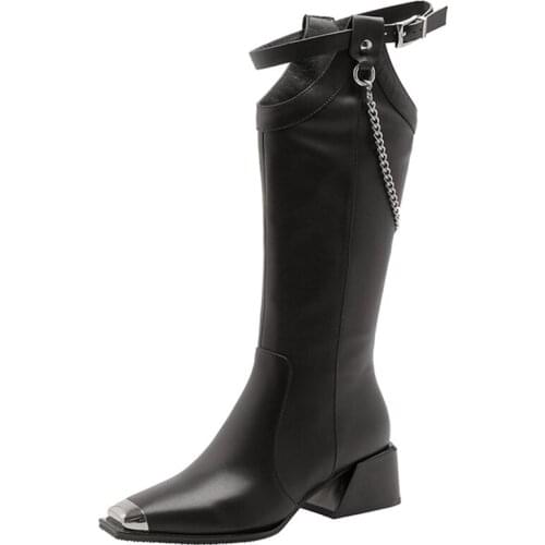 Chain Punk Boots Metal Square Toe High Boots Chunky Heel Leather Shoes Women Boots Fashion Gothic Boots Belts Mujer Botas New