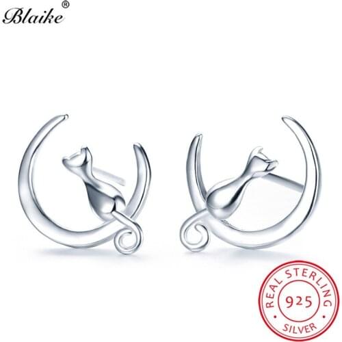Blaike Solid s925 Sterling Silver Animal Cat Stud Earrings For Women Small Moon Earrings Female Wedding Ear Studs Girls Jewelry
