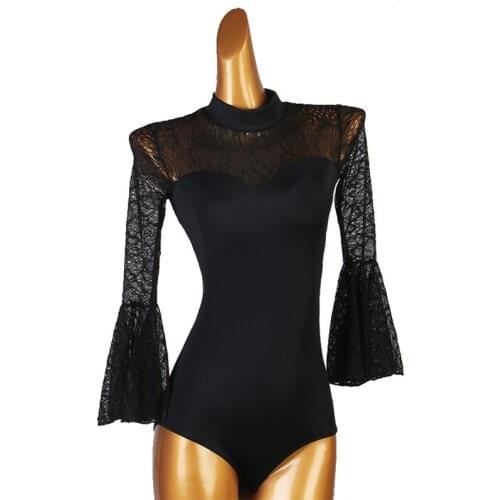 New Latin Dance Tops Female Adult Lace Long Sleeve Jumpsuit Professional Ballroom Dance Bodysuit Samba Tango Dance Shirt DQL5561