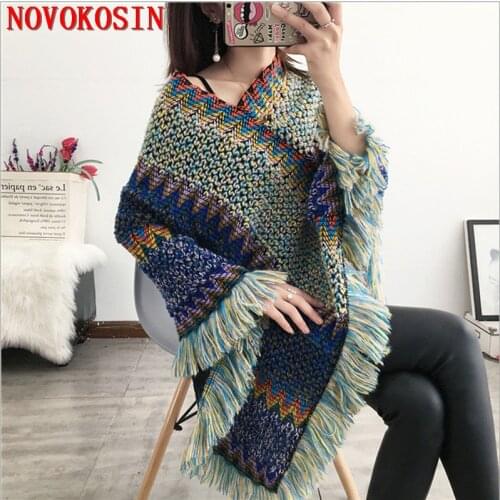 2020 5 Color Hot Plus Size Autumn V Neck Tassels Triangle Loose Sweater Knitted Long Poncho Casual Bat Sleeves Striped Pullovers