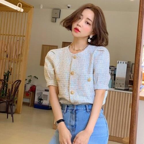 Korean Vintage Women Tweed Coat Summer Short Sleeve O-neck Single Breasted Pockets Ladies Fashion Jacket Tops Femme 2021