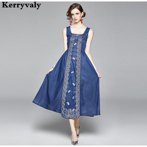 Summer Cable Lock Embroidery Maxi Blue Denim Dress Women Glitter Square Collar Sleeveless Vest Jeans Long Dress Robe Pull K3172