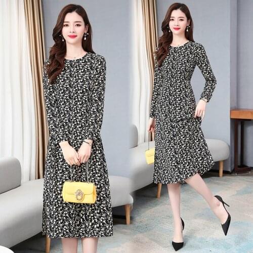 2021 Vintage Lady Print Chiffon Midi Dresses Spring Autumn 4XL Plus Size Long Sleeve Dress Elegant Women Bodycon Party Vestidos