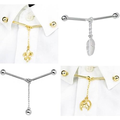 12pcs/lot Angle Collar Pin Clip With Chain Horse Head/ Leaf/Ball/Cross Flower Pendant Collar Stay Bar Sticker Wholesale