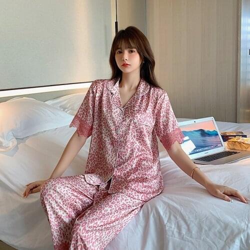 2021 Summer Silk Satin Short Sleeve Long Pants Pajama Sets for Women Sexy Leopard Sleepwear Pyjama Homewear Pijama Mujer Clothes