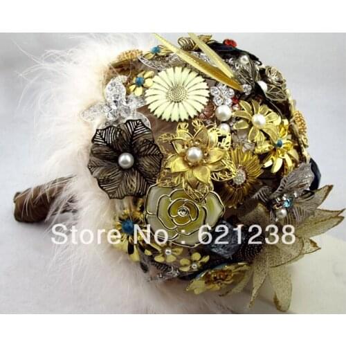 8 inch Brown vintage brooch bouquet / mysterious ancient flower care of your love /jewelry, wedding bridal bouquets brown