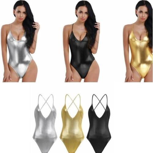 Shiny PU Leather Sexy Bodysuit Women Tops Black Backless Bodycon Rompers Womens Jumpsuit 2020 Party Club Overalls