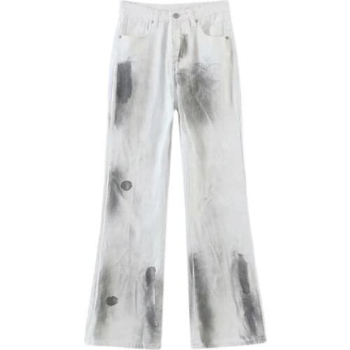 CHIC Ins Tie Dye Splash Ink Painting Dirty White Women Denim Jeans Straight Pants Long Wide Leg Trousers