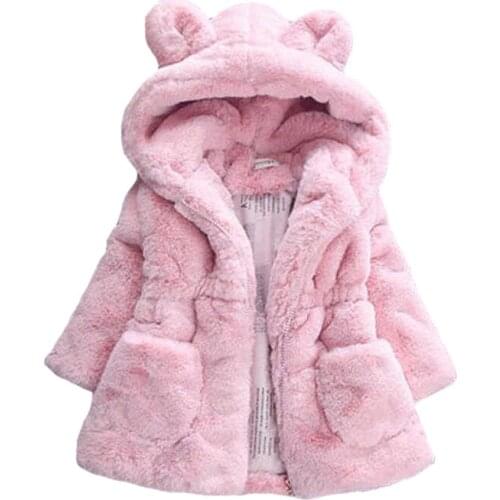 2021 Winter Plush Imitation Fur Girls Jacket Keeping Warm Hooded Outerwear For Kids 1-8 Years Christmas Present Children Coat
