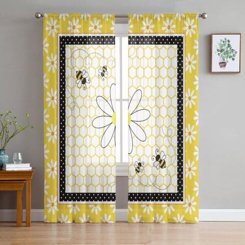 Daisy Flower Hive Bee Screens Voile Tulle Sheer Curtains for Bedroom Living Room Kitchen Decor Chiffon Windows Curtain
