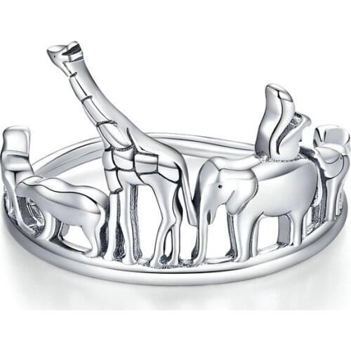 EAMTI New Fun Zoo 925 Sterling Silver Ring Elephant and Giraffe Cute Personality Jewelry for Women