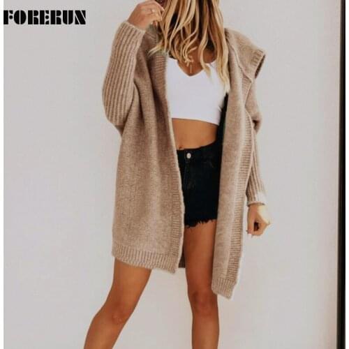 FORERUN Hooded Kimono Cardigan Knitted Oversized Long Sweater Solid Hooded Long Sleeve Loose Casual Bolero Femme