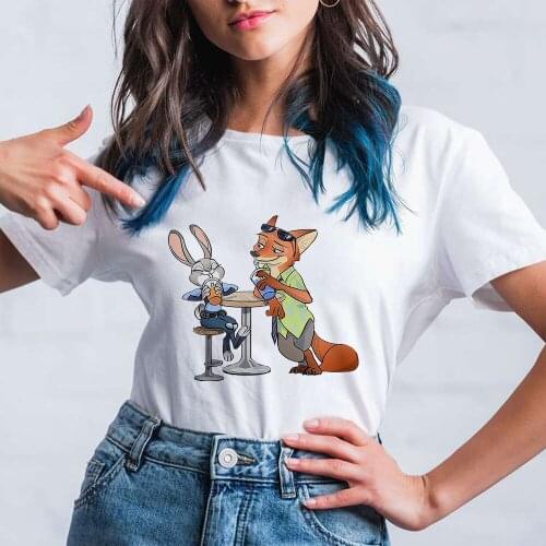 Disney Tshirt Zootopia Cartoon Rabbit Judy Fox Nick Print Loose T-shirt Summer Women Harajuku Fashion Kawaii Tshirts Dropship