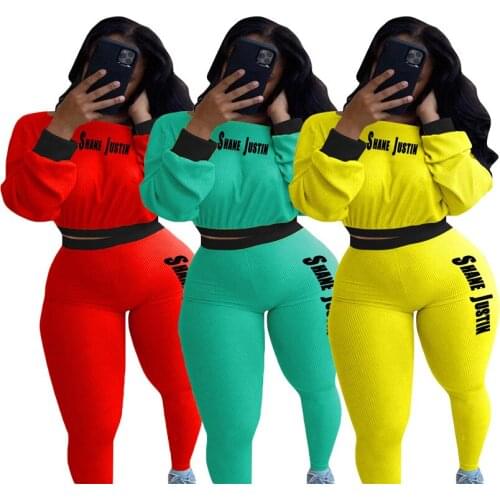 Echoine Women Letter Print Knitted Sets Slash Neck Tops Ribbed Tracksuit Pants Two Piece Set Outfit Active Fitness Sweatsuit