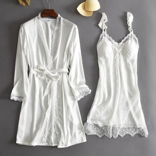 White Women 2PCS Wedding Robe Set Lace Spring Summer New Nightgown Casual Satin Nightwear Sexy Home Clothing Intimate Lingerie