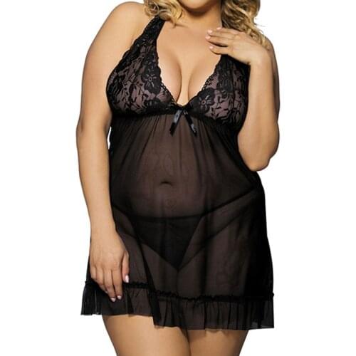 Lace Women Sleepwear Plus Size 4XXL See Though Lingerie Dress Deep V-neck Sexy Lingerie Sexy Nightgown Womens Clothing Nighty
