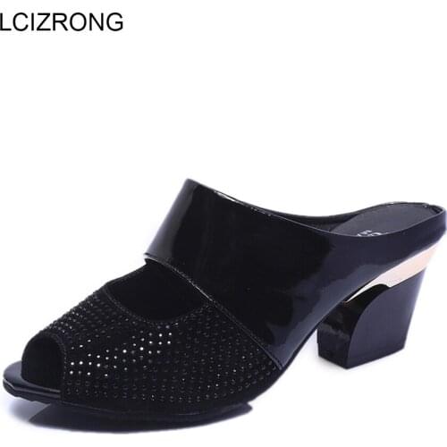 LCIZRONG Summer Fashion 7.5CM Leather Peep Toe High Heel Sandals Women Mixed Colors Crystal Hoof Heels Non-slip Ladies Sandals