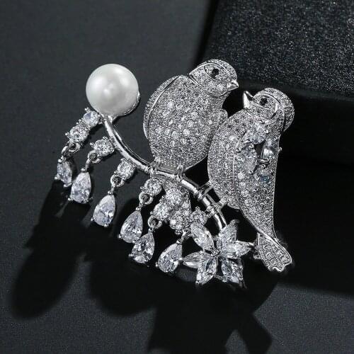 Trendy Cubic Zircon Simulated Pearl 2 Bird Standing On The Branch Bird Animal Bridal Wedding Brooch Pin For Women