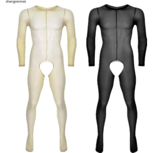 Shengrenmei Mens One-Piece Pajama See Through Nightwear Sheer Fishnet Bodysuit Long Sleeve Jumpsuit Open Cortch Lingerie Summer