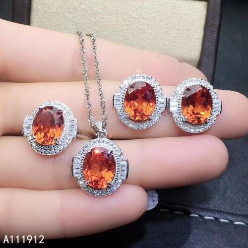 KJJEAXCMY fine jewelry natural garnet 925 sterling silver women pendant necklace chain ring earrings set support test luxury