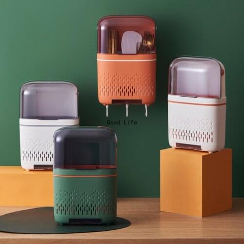 Wall Mounted Chopsticks Holder And Box With Cover Dustproof Knife Fork Spoons Drainer Basket HouseHold Tableware Storage Box