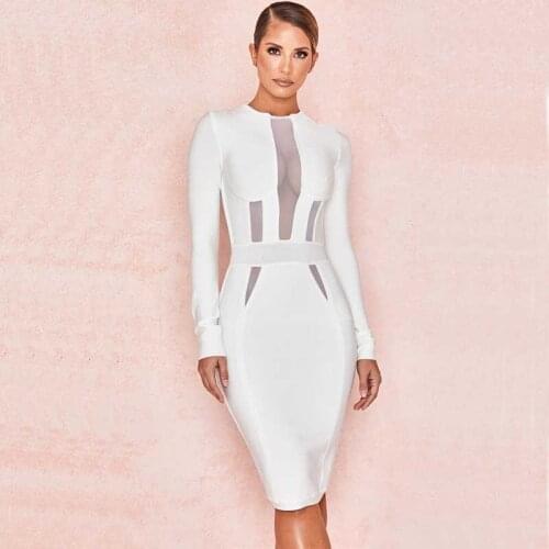 Wholesale Newest Women White long sleeve Elastic tight Sexy perspective celebrity Cocktail party bandage dress(L2827)