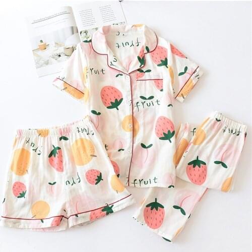 2Pcs/3Pcs Pyjama Femme Spring Summer Cotton Short Sleeve Women Pajama Sets Fruit Print Sleep Tops+Shorts+Long Trousers Home Suit