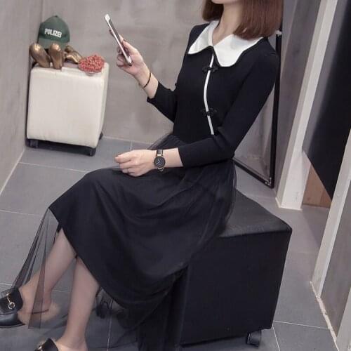 Doll Collar Dress Design Fashion Chinese Style Mesh Dress Mid-Length Sweater Knitting 2020 Autumn and Winter Long Shirt y448