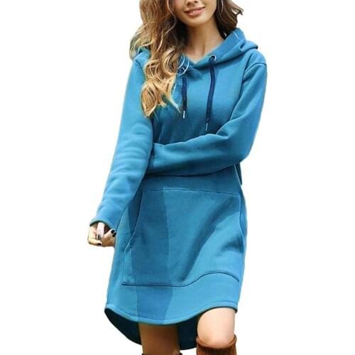 Casual Sweatshirts Women Autumn Winter Long Sleeve Pocket Drawstring Loose Hoodie Mini Dress Sweatshirts Pullovers Plus Size