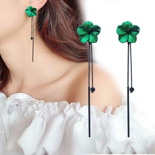 Retro Green Flower Tassel Earrings Temperamet Long Pendant Ear Pendant Style Lady Ear Nail Korean Fashion Jewelry