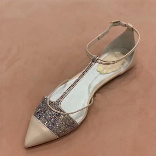 Bling Gladiator Sandals Women Flats Shoes Pointy Toe Chaussures Femme T-Strap Brand Summer Shoes Woman Shallow Sandalias Mujer
