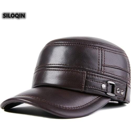 SILOQIN New Fashion Cowhide Military Hats Adjustable Size Genuine Leather Hat Winter Thermal Earmuffs Flat Cap For Men Snapback