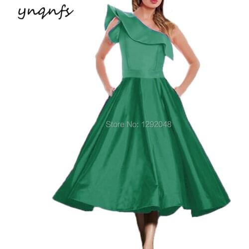 YNQNFS M153 Taffeta Ruffles One Shoulder Vintage Tea Length Ball Gown Green Mother of the Bride Formal Dresses Party Gown 2019