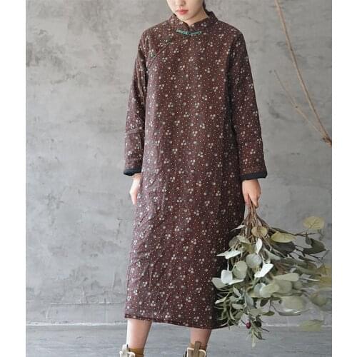 SCUWLINEN Chinese Style Robe 2020 Vintage Daisy Print Stand Collar Loose Thick Long Cotton Padded Dress P309