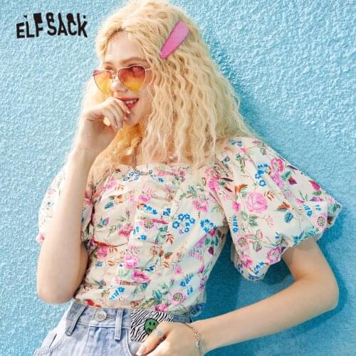 ELFSACK Floral Print Chic Casual Shirt Women,2021 Summer Vintage Puff Sleeve,Korean Ladies Basic Daily Sweety Top