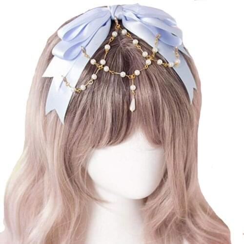 Womens Sweet Lolita Blue Bowknot Hair Band Headwear Elegant Pearl Chain Headband Party Hairbands Princess Cosplay Accessory