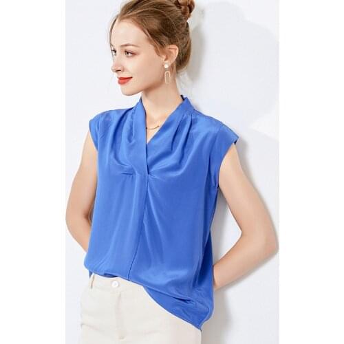 Summer Silk Crepe De Chine Shirt Womens 16mm Heavy 100% Mulberry Silk V-neck Sleeveless Shirt