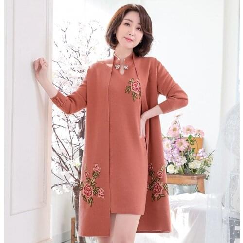 Oriental Style Women Two Pieces Dresses Mandarin Collar Knee Length Cardiagn And Sleevless Elegant Dress Woman Spring 12014