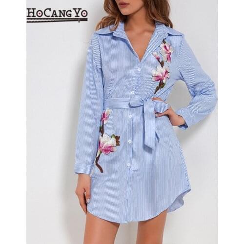 2019 New Vintage Autumn Long Sleeve Striped Dress Casual Women Blue Blouse Dress With Belt Floral Embroidery Elegant Dress