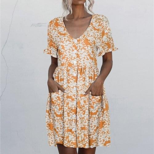 Kili Womens Dress Short Sleeve V-Neck Button Print Fashion Mini Dress