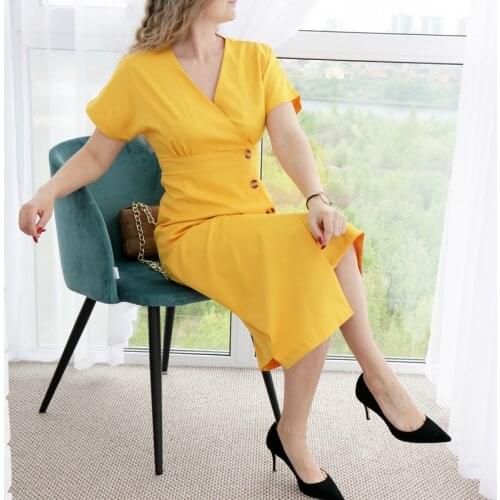 Office Ladies Dress Elegant Buttons Casual Slim Slim Vintage Romance Party Women Dress Red Pink Yellow Vestidos Mujer