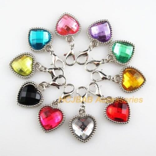 10 New Heart Charms Mixed Acrylic Dull Silver Plated Retro With Lobster Claw Clasps 15.5x18.5mm